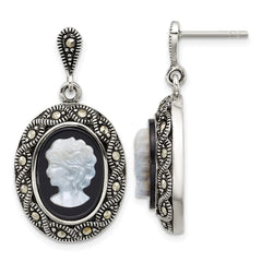 Sterling Silver Antiqued Marcasite with Black Agate and Mother of Pearl Cameo Dangle Post Earrings