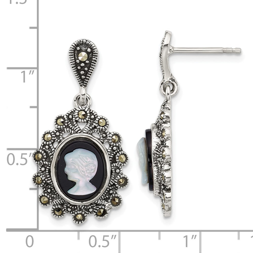 Sterling Silver Antiqued Marcasite with Black Agate and Mother of Pearl Cameo Dangle Post Earrings - 2