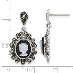 Sterling Silver Antiqued Marcasite with Black Agate and Mother of Pearl Cameo Dangle Post Earrings - 2