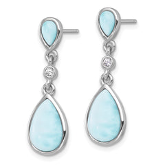 Sterling Silver Rhodium-plated Polished Pear Larimar Cabochon and CZ Teardrop Dangle Post Earrings
