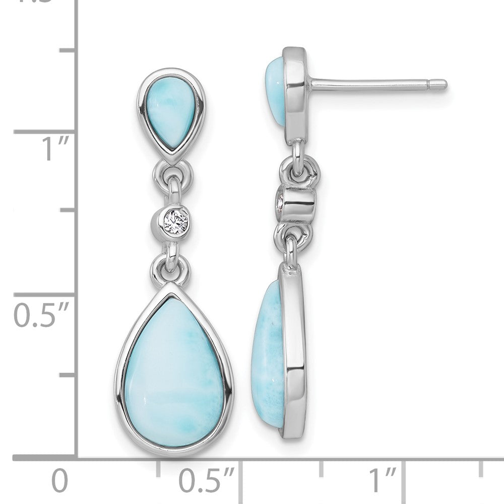 Sterling Silver Rhodium-plated Polished Pear Larimar Cabochon and CZ Teardrop Dangle Post Earrings