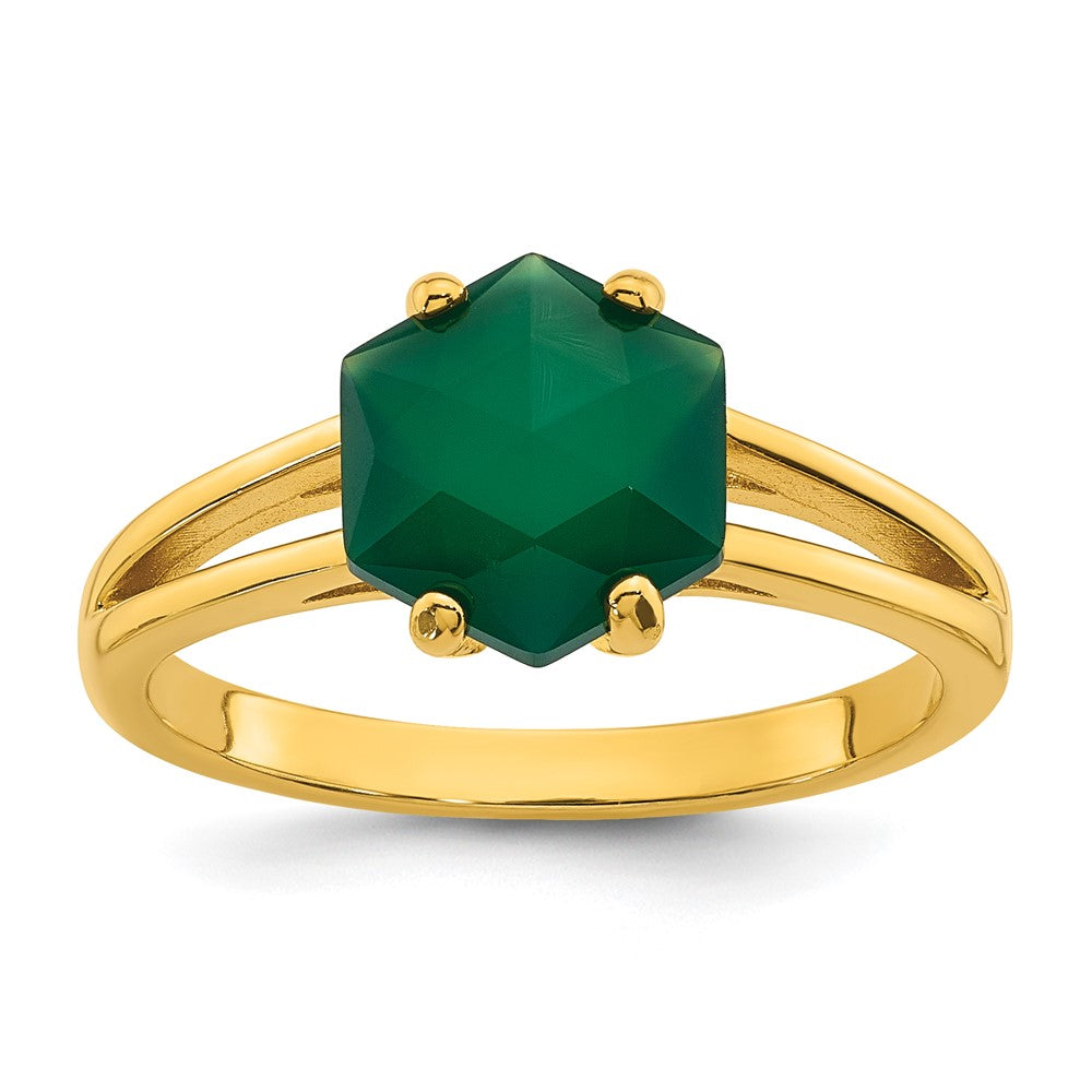 Sterling Silver Gold-tone Polished Hexagon Green Chalcedony Size 7 Ring