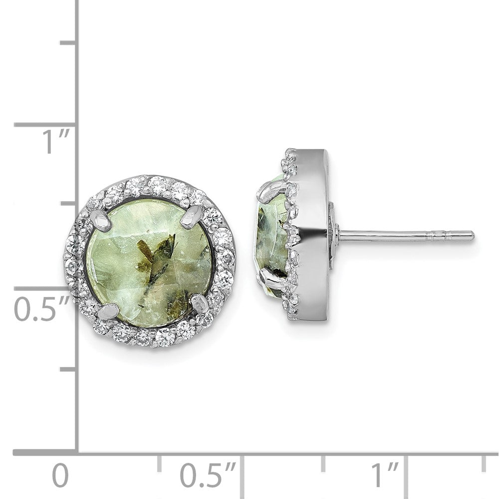Sterling Silver Rhodium-plated Polished CZ Halo and Faceted Prehnite Circle Post Earrings