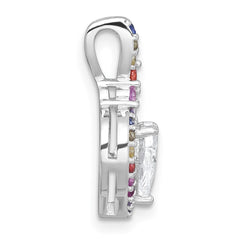 Sterling Silver Rhodium-plated Polished Multi-color Rainbow CZ Heart Halo Chain Slide Pendant