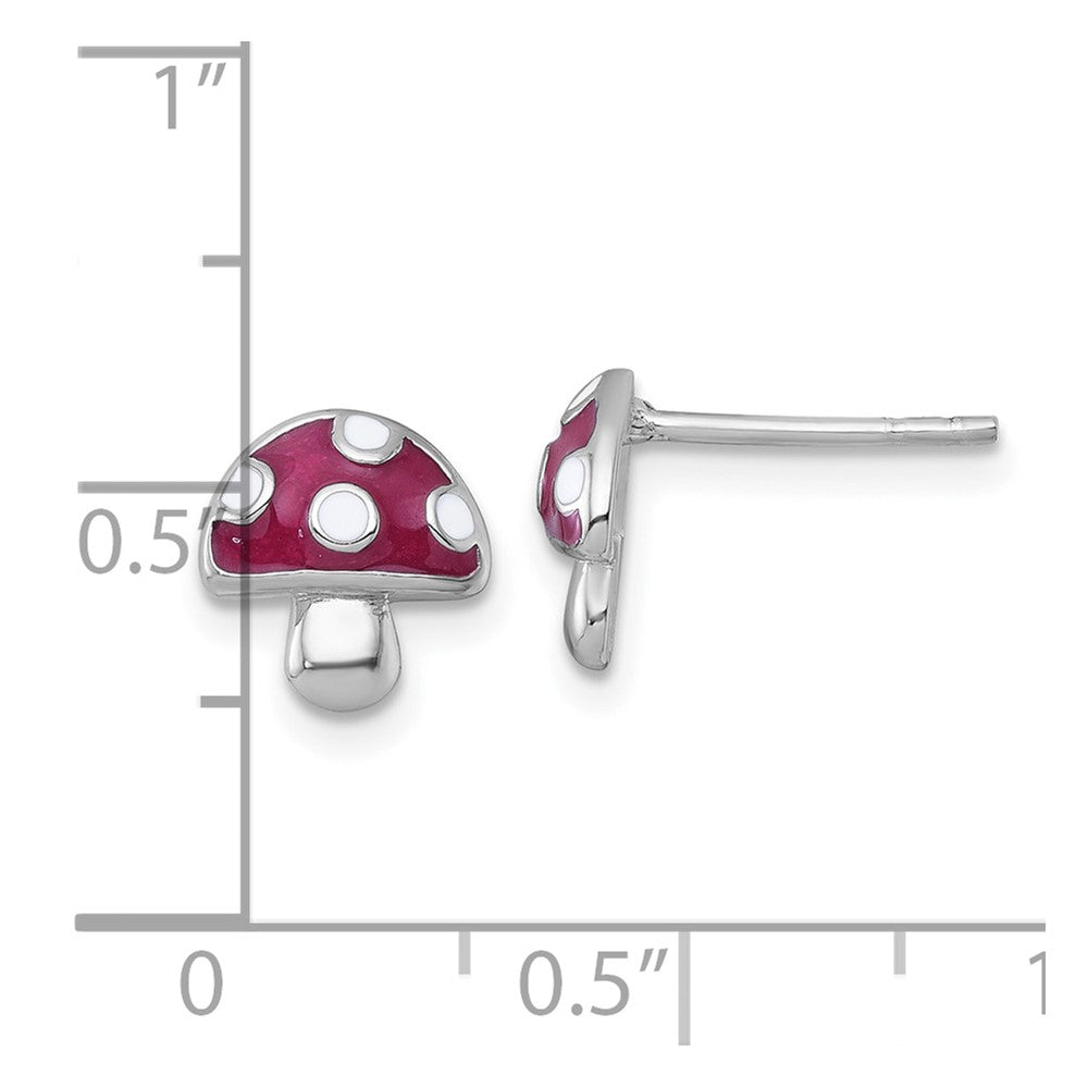 Sterling Silver Rhodium-plated Polished Red and White Enameled Mushroom Post Earrings