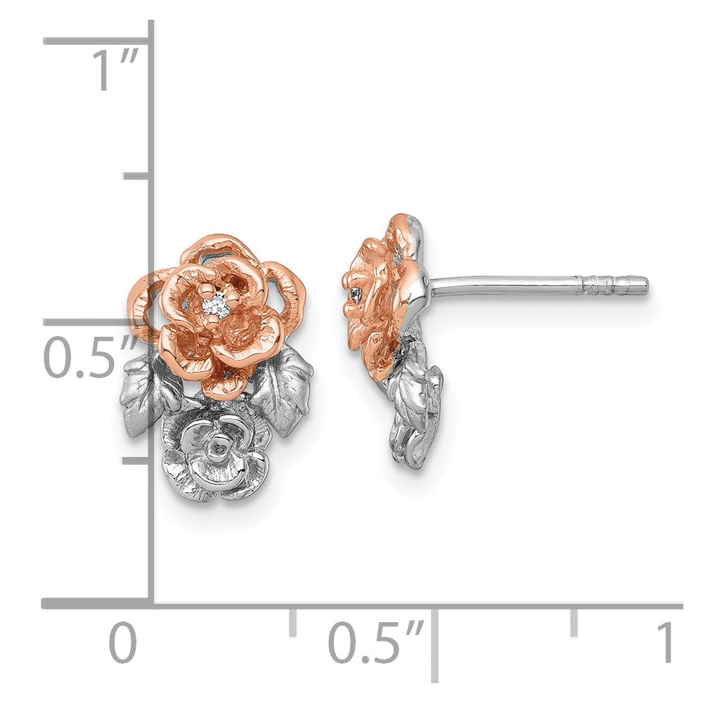 Sterling Silver Rhodium-plated and Rose Gold-plated CZ Flowers Post Earrings