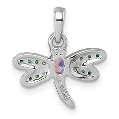 Sterling Silver Rhodium-plated Polished Green, Yellow and Pink CZ Dragonfly Pendant