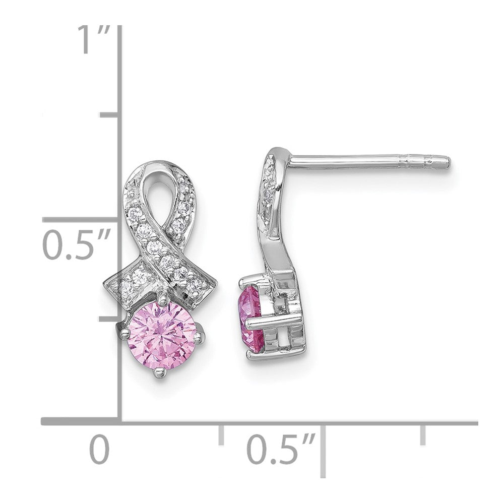 Sterling Silver Rhodium-plated Polished Round Pink and White CZ Awareness Ribbon Post Earrings