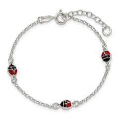 Sterling Silver Polished Red and Black Enameled Ladybugs 6 inch with 1 inch extension Childrens Bracelet