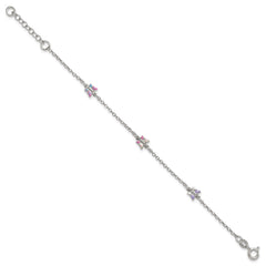 Sterling Silver Polished Pink/Purple/White/Blue Enameled Butterfly 6 inch with 1 inch extension Childrens Bracelet