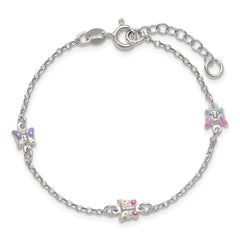 Sterling Silver Polished Pink/Purple/White/Blue Enameled Butterfly 6 inch with 1 inch extension Childrens Bracelet