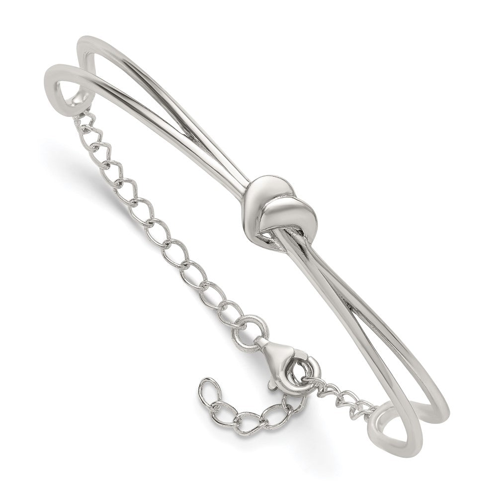 Sterling Silver Polished Twisted Heart Childrens Cuff Bracelet with Safety Chain