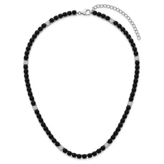 Sterling Silver Rhodium-plated Polished Pave CZ and Onyx 17 Inch with 3 Inch Extension Necklace