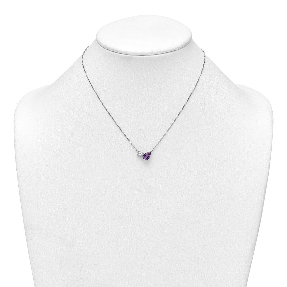Sterling Silver Rhodium-plated Polished Pear Amethyst and Emerald-cut White Topaz 16 Inch with 2 Inch Extension Necklace