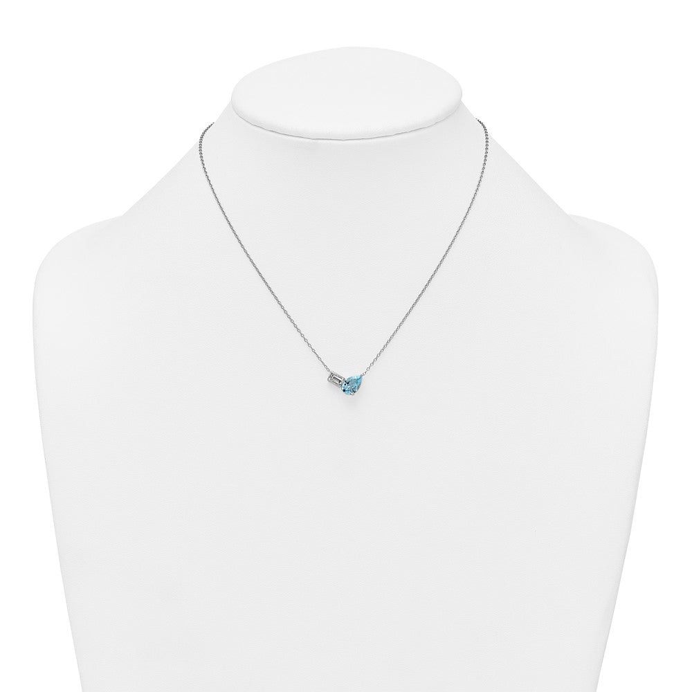 Sterling Silver Rhodium-plated Polished Pear Sky Blue and Emerald-cut White Topaz 16 Inch with 2 Inch Extension Necklace