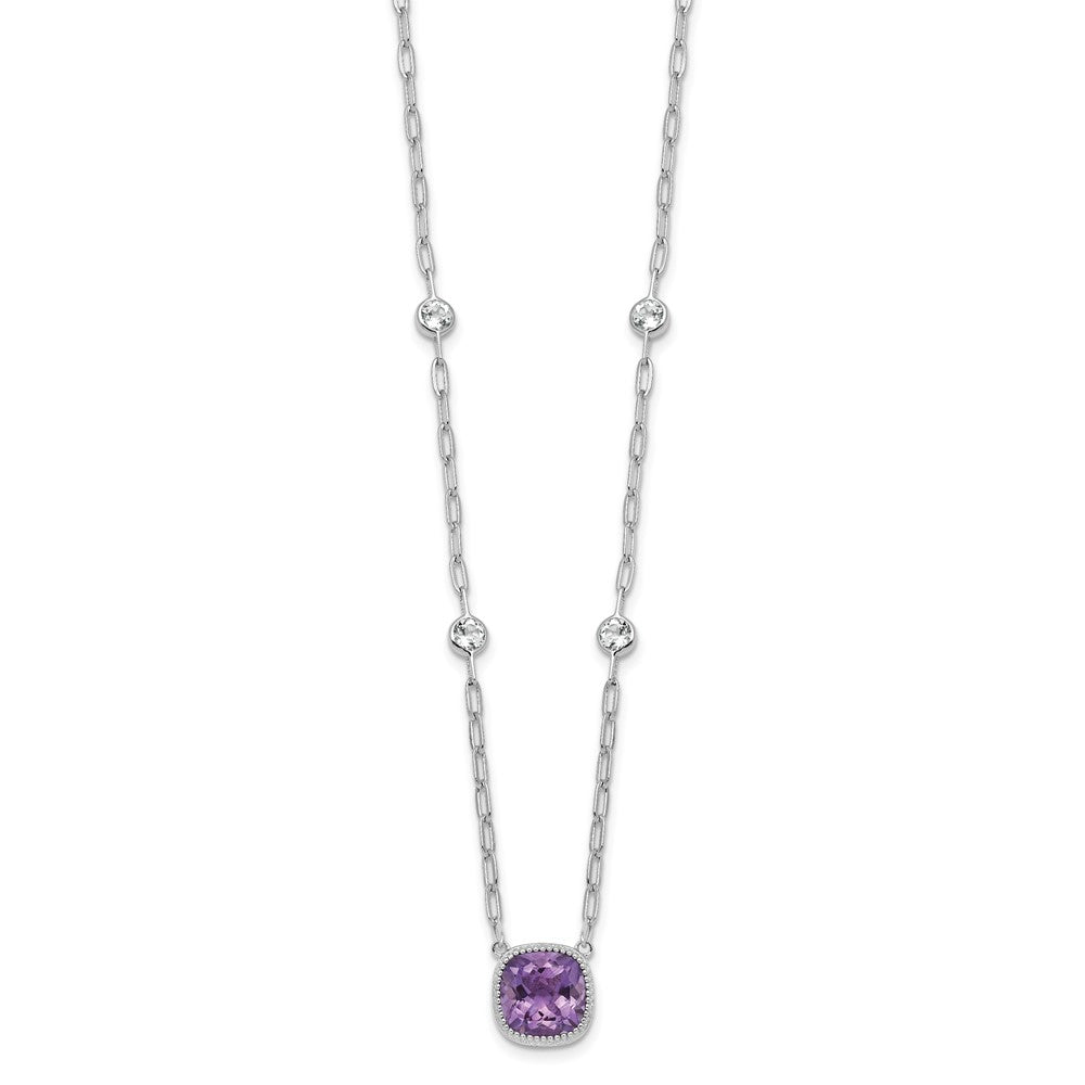 Sterling Silver Rhodium-plated Polished Cushion Amethyst and White Topaz 16 inch with 2 inch Extension Necklace