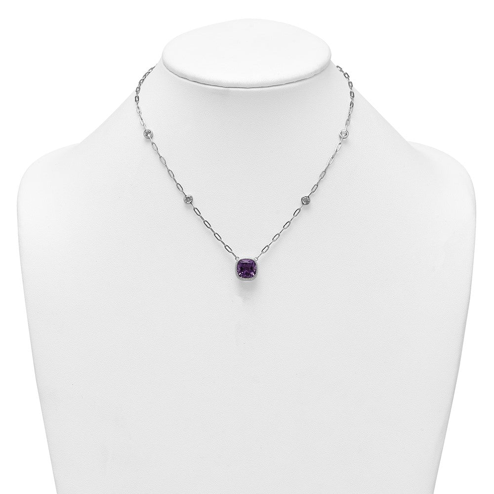 Sterling Silver Rhodium-plated Polished Cushion Amethyst and White Topaz 16 inch with 2 inch Extension Necklace