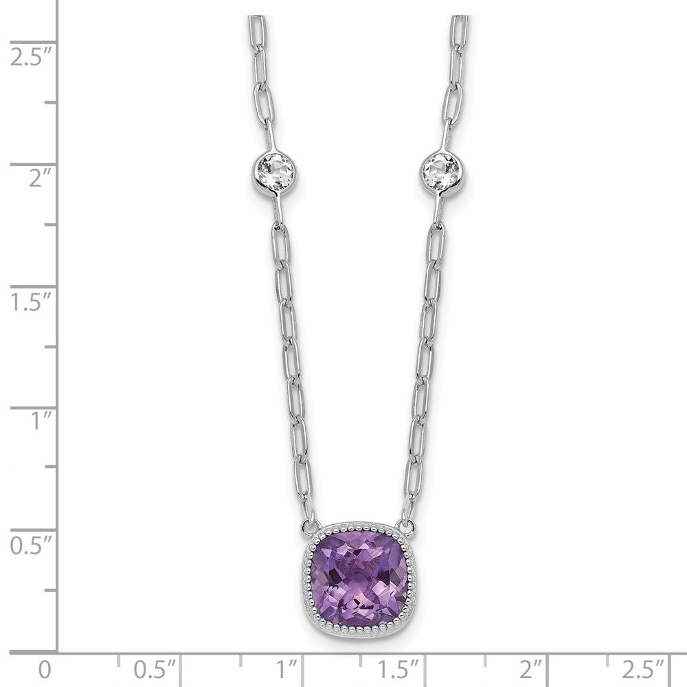 Sterling Silver Rhodium-plated Polished Cushion Amethyst and White Topaz 16 inch with 2 inch Extension Necklace