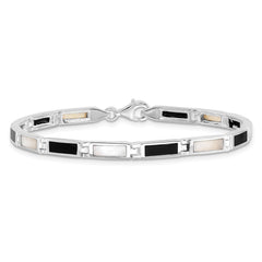 Sterling Silver Rhodium-plated 7in Onyx/Mother Of Pearl Bracelet