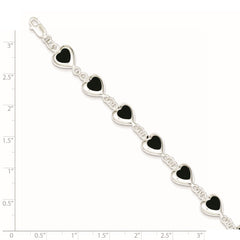Sterling Silver Rhodium-plated 7inch Fancy Polished Heart Onyx Bracelet