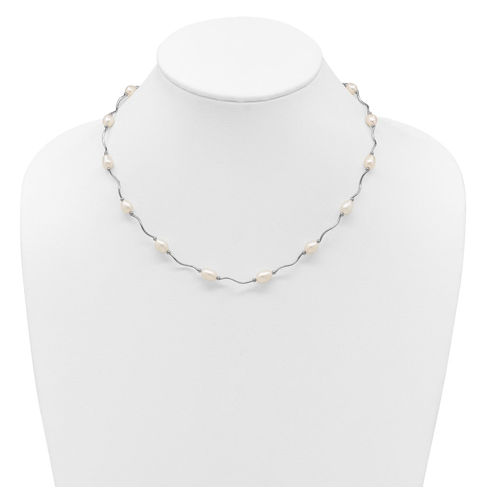 Sterling Silver Rhodium-plated 6-7mm White Rice Freshwater Cultured Pearl 16-Station 18 inch Necklace