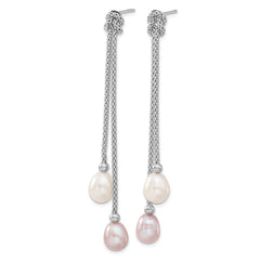 Sterling Silver Rhodium-plated 7-8mm Pink and White Teardrop Freshwater Cultured Pearl Knot 18 inch Necklace and Post Dangle Earrings Set