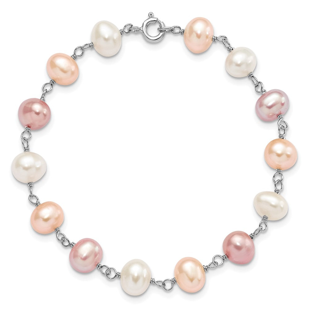 Sterling Silver Rhodium-plated 6-7mm White, Pink and Purple Semi-Round Freshwater Cultured Pearl 18 inch Necklace, 7.25 inch Bracelet and 3-piece Button Post Earrings Set