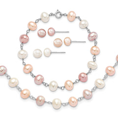 Sterling Silver Rhodium-plated 6-7mm White, Pink and Purple Semi-Round Freshwater Cultured Pearl 18 inch Necklace, 7.25 inch Bracelet and 3-piece Button Post Earrings Set