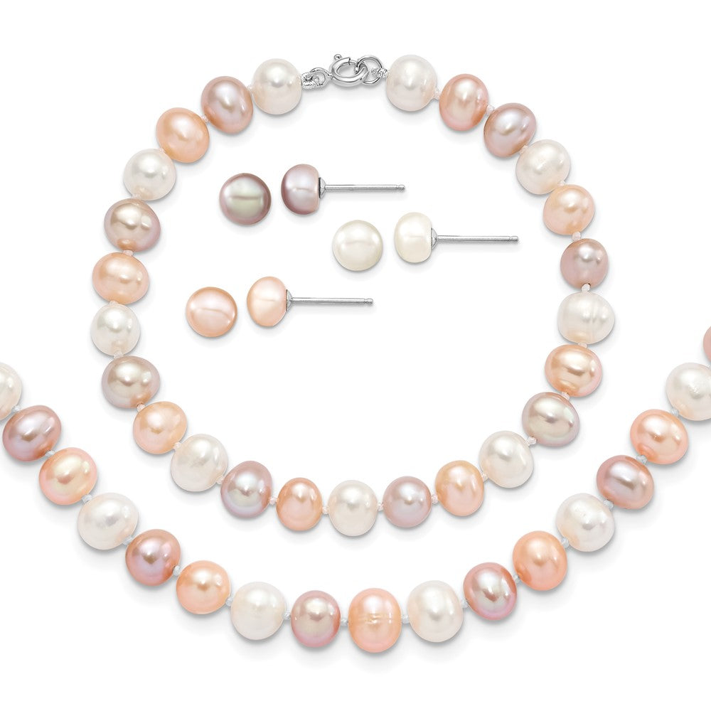 Sterling Silver Rhodium-plated 6-7mm White, Pink and Purple Semi-Round Freshwater Cultured Pearl 18 inch Necklace, 7.25 inch Bracelet and 3-piece Button Post Earrings Set - 2