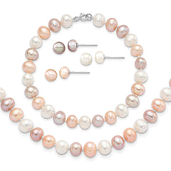 Sterling Silver Rhodium-plated 6-7mm White, Pink and Purple Semi-Round Freshwater Cultured Pearl 18 inch Necklace, 7.25 inch Bracelet and 3-piece Button Post Earrings Set - 2