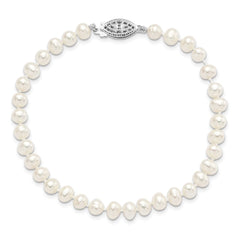 Sterling Silver Rhodium-plated 5-6mm White Near Round Freshwater Cultured Pearl 8.25 inch Bracelet