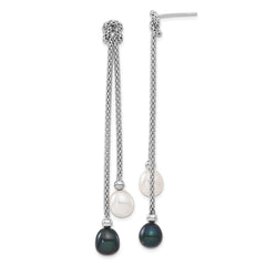 Sterling Silver Rhodium-plated 7-8mm Black and White Teardrop Freshwater Cultured Pearl Knot 18 inch Necklace and Post Dangle Earrings Set