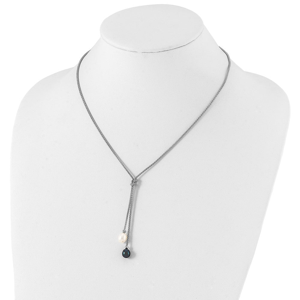 Sterling Silver Rhodium-plated 7-8mm Black and White Teardrop Freshwater Cultured Pearl Knot 18 inch Necklace and Post Dangle Earrings Set