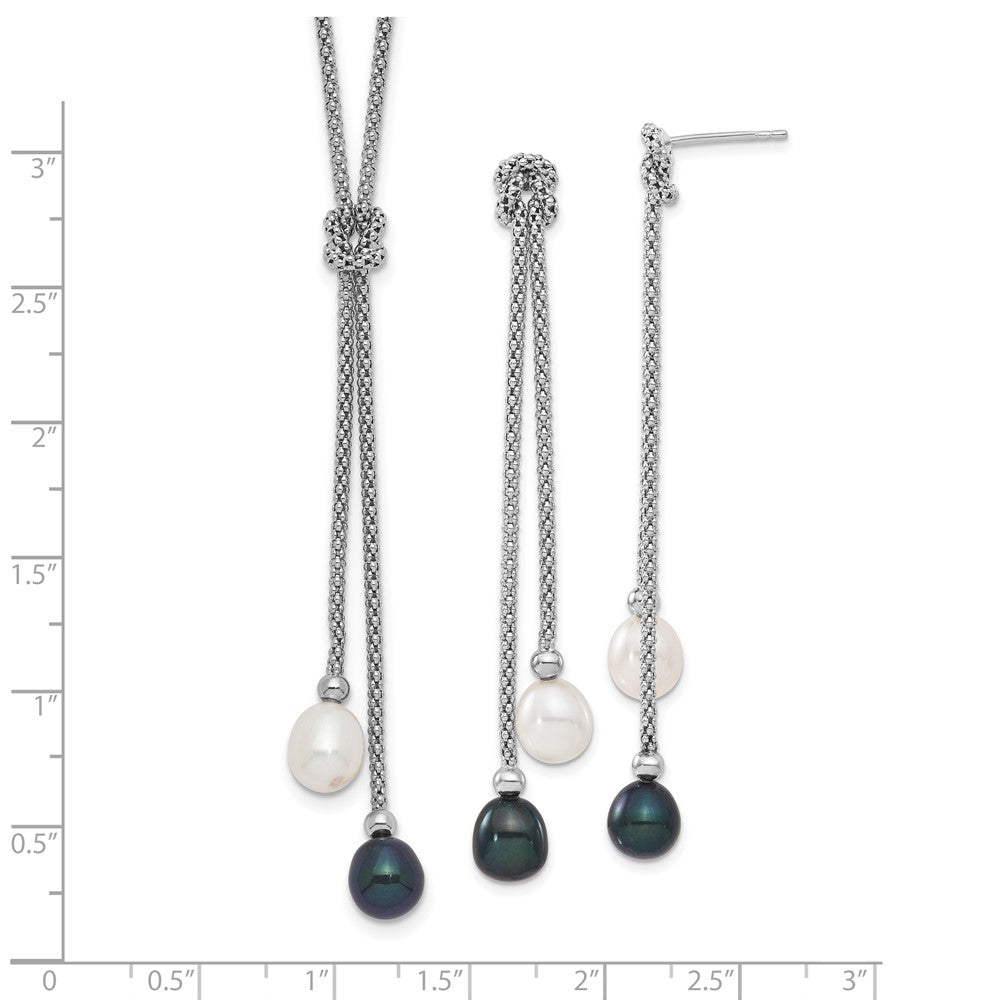 Sterling Silver Rhodium-plated 7-8mm Black and White Teardrop Freshwater Cultured Pearl Knot 18 inch Necklace and Post Dangle Earrings Set