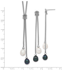 Sterling Silver Rhodium-plated 7-8mm Black and White Teardrop Freshwater Cultured Pearl Knot 18 inch Necklace and Post Dangle Earrings Set