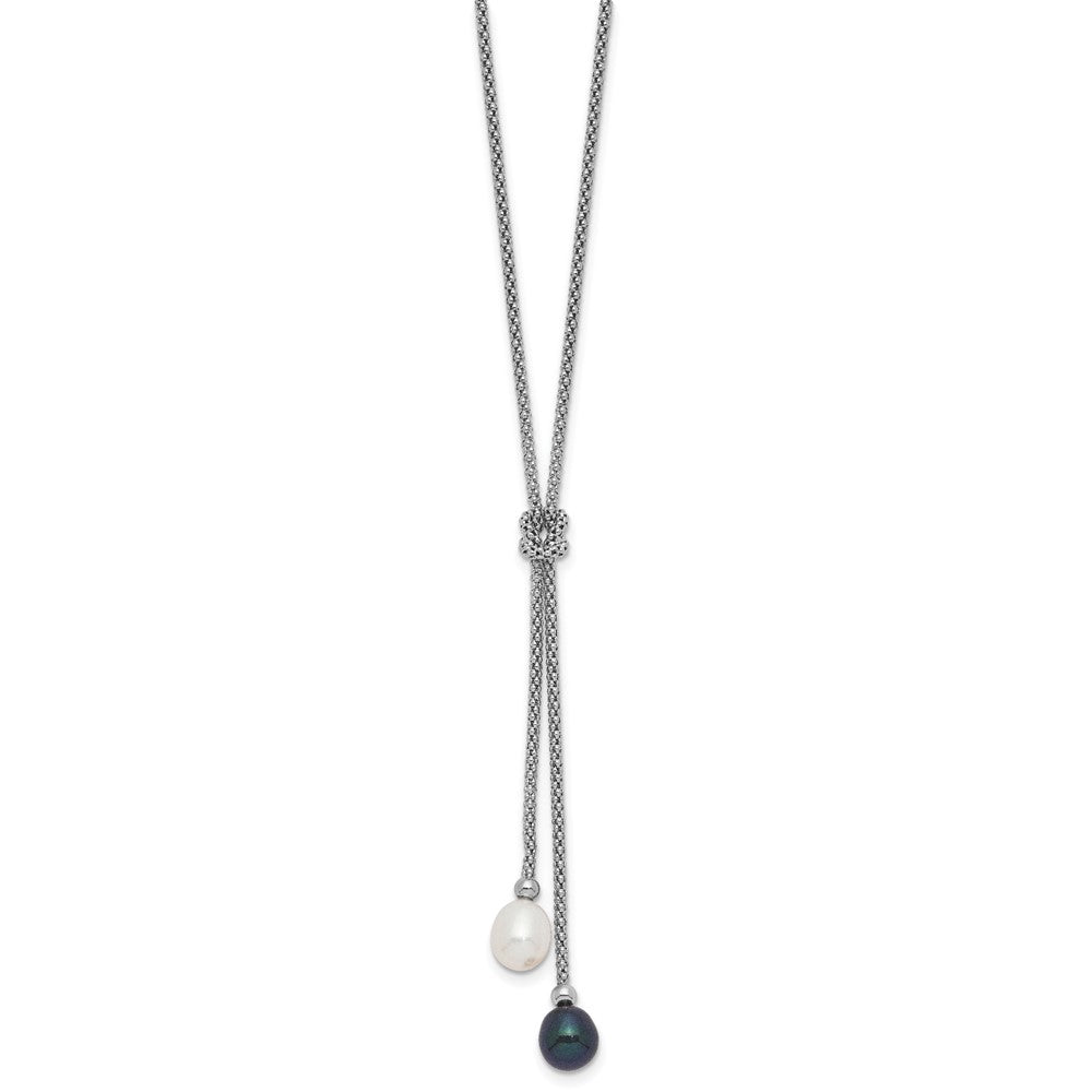 Sterling Silver Rhodium-plated 7-8mm Black and White Teardrop Freshwater Cultured Pearl Knot 18 inch Necklace and Post Dangle Earrings Set