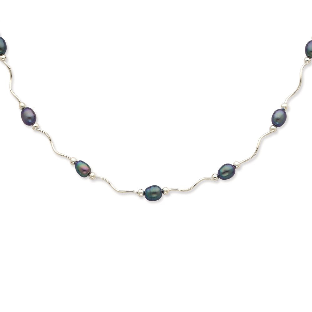Sterling Silver Rhodium-plated 6-7mm Black Rice Freshwater Cultured Pearl 16-Station 18 inch Necklace