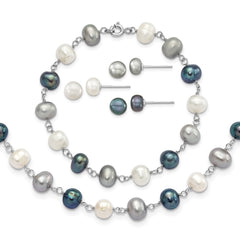 Sterling Silver Rhodium-plated 6-8mm White, Grey and Black Semi-Round Freshwater Cultured Pearl 18 inch Necklace and 7.25 inch Bracelet and 3-piece Button Post Earrings Set