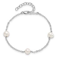 Sterling Silver Rhodium-plated 5-6mm White Freshwater Cultured Pearl 3-Stations 7.5 inch Bracelet