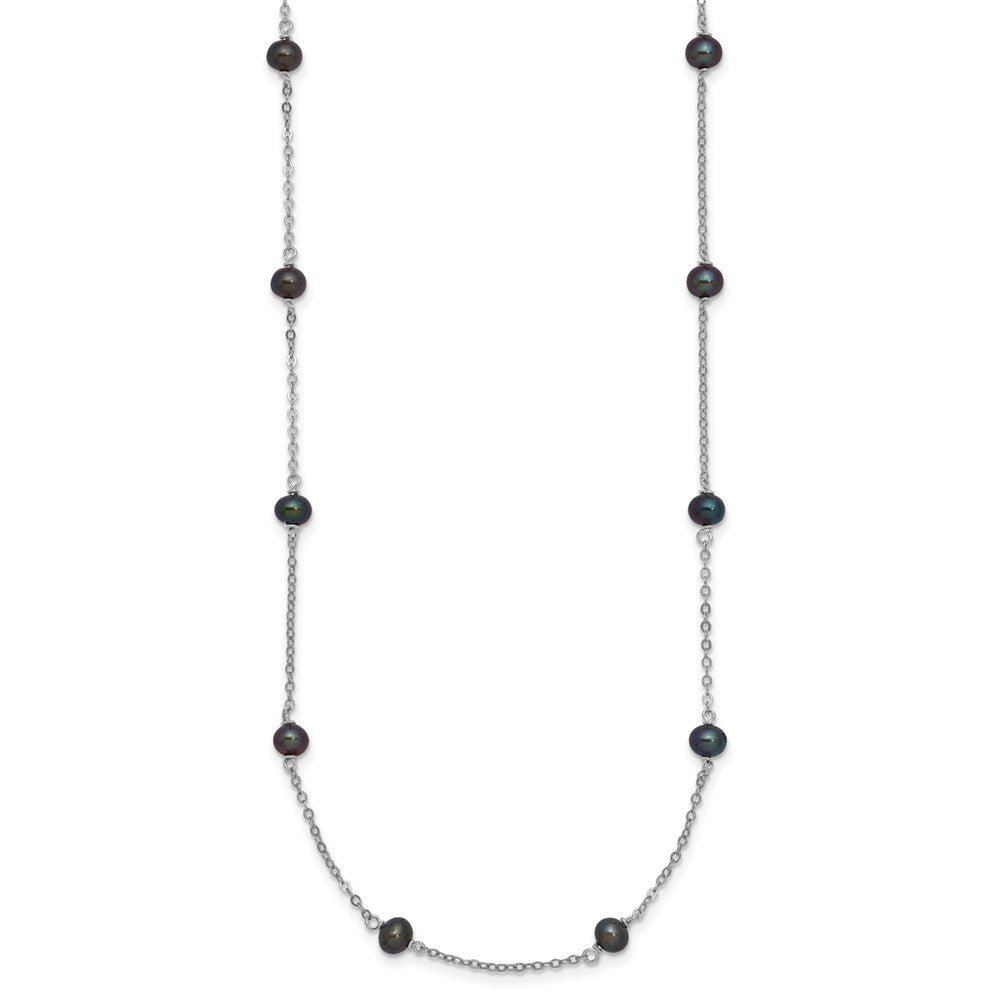 Sterling Silver Rhodium-plated 4-5mm Black Semi-Round Freshwater Cultured Pearl 14-Station 18 inch Necklace