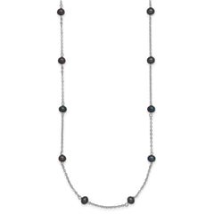 Sterling Silver Rhodium-plated 4-5mm Black Semi-Round Freshwater Cultured Pearl 14-Station 18 inch Necklace