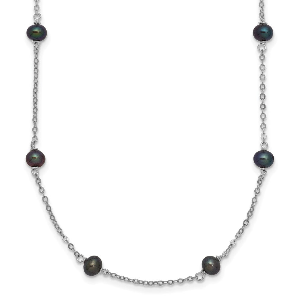 Sterling Silver Rhodium-plated 4-5mm Black Semi-Round Freshwater Cultured Pearl 14-Station 18 inch Necklace