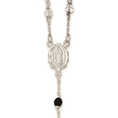 Sterling Silver Polished and Black Crystal Bead Rosary 23.5 inch Necklace