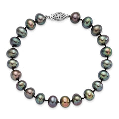 Sterling Silver Rhodium-plated 7-8mm Black Near-Round Freshwater Cultured Pearl 7.25 inch Bracelet