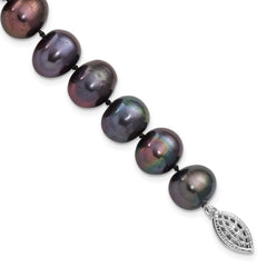 Sterling Silver Rhodium-plated 9-10mm Black Near-Round Freshwater Cultured Pearl 7.25 inch  Bracelet