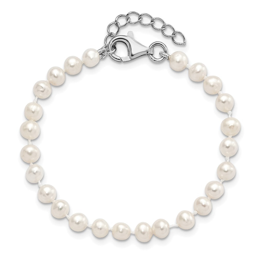 Sterling Silver Rhodium-plated 4-5mm White Semi-Round Freshwater Cultured Pearl 14 inch Necklace, 5 inch Bracelet and Post Earrings Set