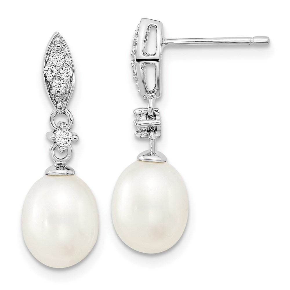 Sterling Silver Rhodium-plated 8-9mm White Teardrop Freshwater Cultured Pearl and CZ 17 inch Necklace and Post Dangle Earrings Set - 2