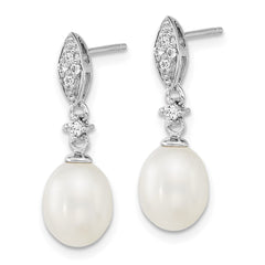 Sterling Silver Rhodium-plated 8-9mm White Teardrop Freshwater Cultured Pearl and CZ 17 inch Necklace and Post Dangle Earrings Set - 2