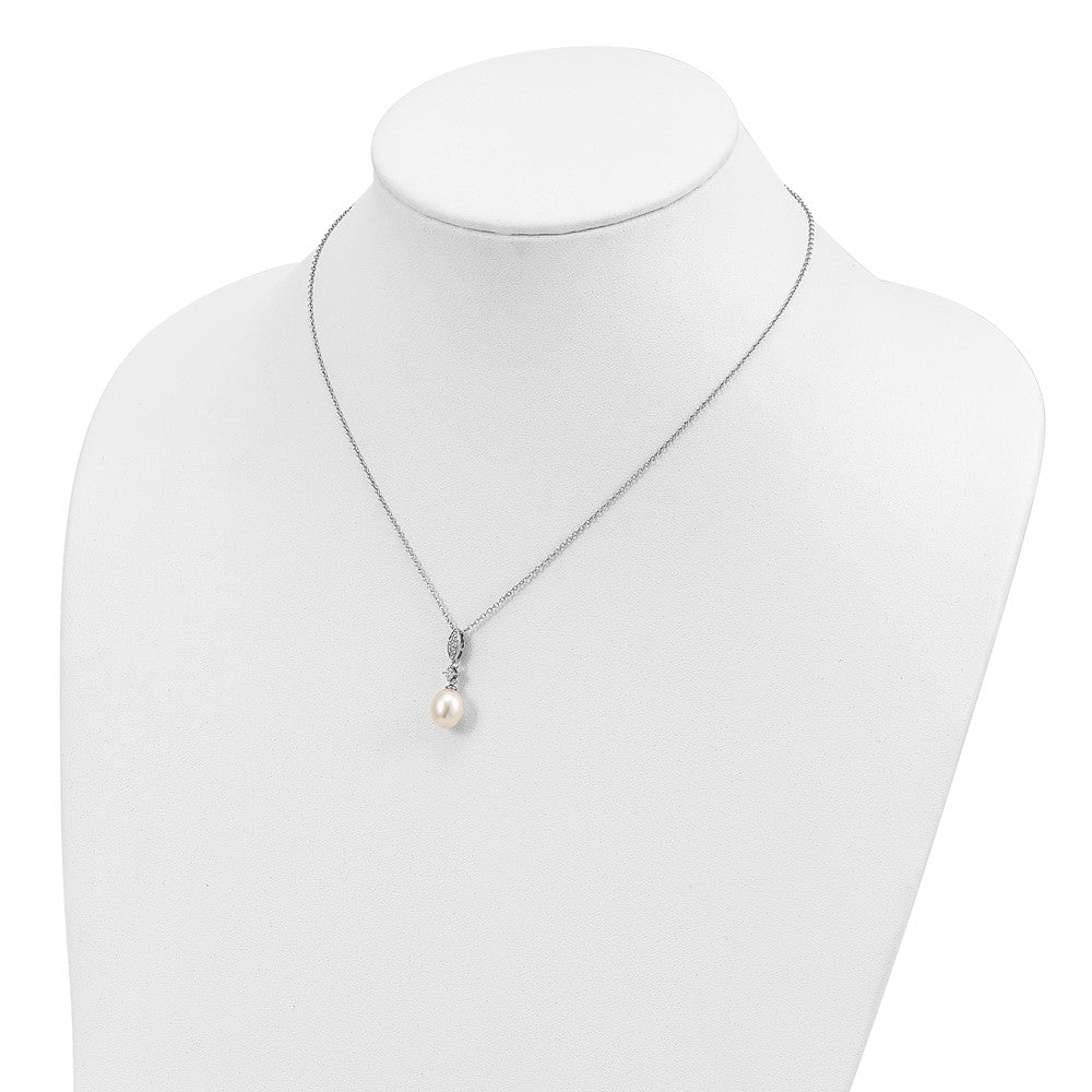 Sterling Silver Rhodium-plated 8-9mm White Teardrop Freshwater Cultured Pearl and CZ 17 inch Necklace and Post Dangle Earrings Set - 2
