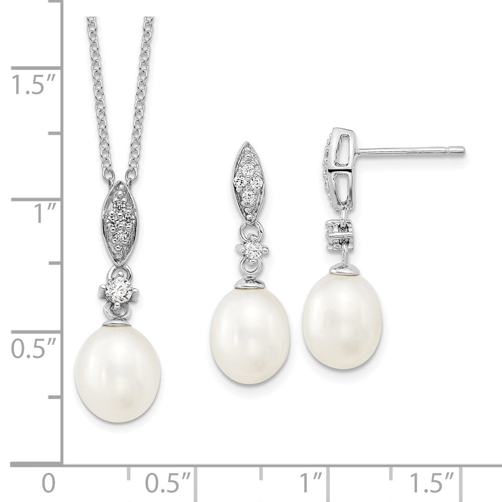 Sterling Silver Rhodium-plated 8-9mm White Teardrop Freshwater Cultured Pearl and CZ 17 inch Necklace and Post Dangle Earrings Set - 2